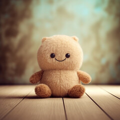 Obraz premium Cute soft toy on a wooden table in front of a blurred background. Plush brown toy on a wooden table, soft focus. Smiling tiny Teddy bear sitting on the wooden floor. Handcrafted cute toy. AI generated