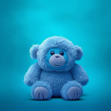 Cute blue fluffy monkey toy on blue background with space for your text. Blue plush toy on blue background, 3d render. Children's toys concept.  Children's cute blue toy, 3d illustration. AI generated