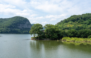 화순 화산정의 소나무와 호수