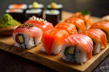 roll japan rice seafood meal japanese sushi fish food set. Generative AI.