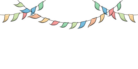 Color garland of flags. Decor frame.  Holiday banner. Festive decoration. Illustration in doodle style on a white background.