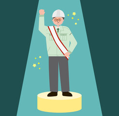 襷をかけて目標に向かって頑張るスポットライトを浴びたヘルメット着用の作業着のイラスト