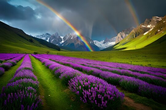 a beautiful scene of spring in a mountain landscape with rainbows