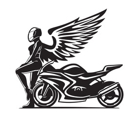 A girl in a helmet near a motorcycle with wings