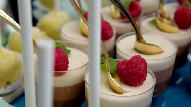portioned dessert on buffet table golden spoons in a cheesecake jelly bird's milk with raspberries apples on skewers tasting delicious desserts in chocolate white blue yellow blue tablecloth