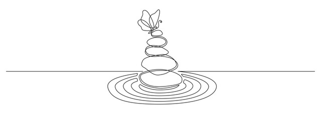 Pebbles with butterfly in one continuous line drawing. Zen Balance and meditation soul in simple linear style. Spa wellness and massage salon editable stroke. Doodle vector illustration