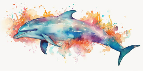 Obraz na płótnie Canvas Watercolor painting of a dolphin on a white background. Created with Generative AI technology