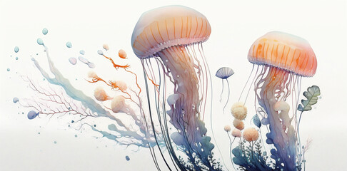 Floating jellyfish with sea plants on white background. Created with Generative AI technology