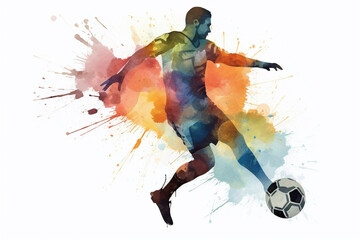Watercolor man playing soccer on white background. Created with Generative AI technology