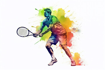 Fototapeta na wymiar Watercolor man holding tennis racquet with both hands on white background. Created with Generative AI technology
