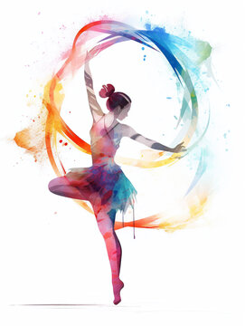 Watercolor illustration of woman dancing in a vibrant dress. Created with Generative AI technology