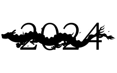 2024年辰年、数字と辰（龍、竜、ドラゴン）の黒いシルエットセット、年賀はがき素材