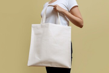 a young girl wearing white t shirt holding blank white tote bag isolated on yellow background, mockup design, Generative AI