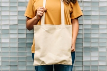 young woman wearing yellow t shirt holding  eco friendly blank tote bag, mockup design, Generative AI