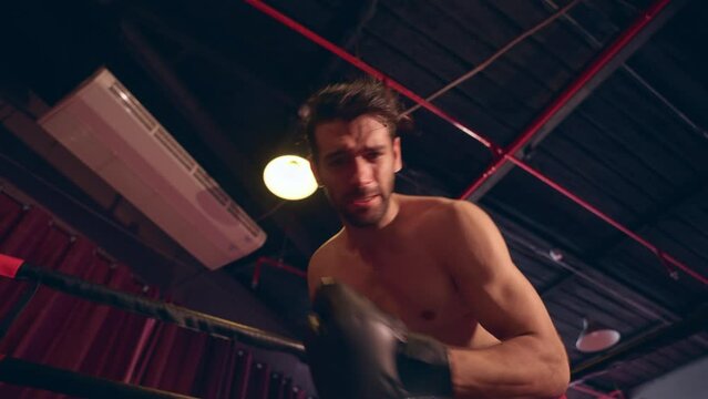 Portrait Caucasian professional sport young man exercising in fitness.