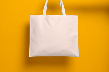 Hand holding a blank white tote bag mockup isolated on yellow background, eco cotton bag. Generative AI