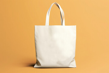 Blank white tote bag mockup isolated on yellow background, eco cotton bag. Generative AI
