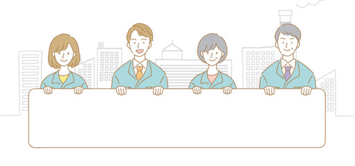 看板を持つ作業着の男女のイラスト