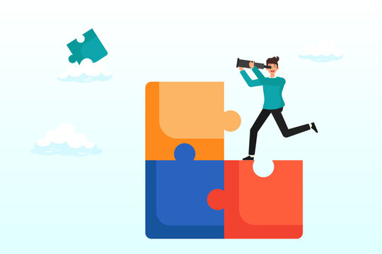 Businessman standing on uncompleted jigsaw looking for missing piece, finding solution or search for last missing piece to finish or complete work, leadership mission or business difficulty (Vector)