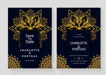 Luxury Wedding invitation card with golden mandala ornament on black background. Elegant invitation template