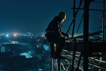 construction engineer worker at heights,architecture sci-fi construction working platform on top of building, suspended cables, fall protection and scaffolding installation.