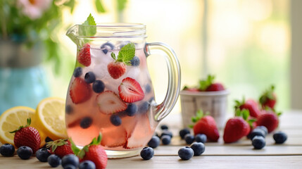 Patriotic 4th of July Themed Beverage/Drink in Glass Pitcher with Fruit and Fresh Flowers - American Red, White, and Blue - Generative AI