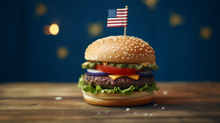 Patriotic 4th of July Themed Charbroiled Hamburger/Cheeseburger - American Flag Aesthetic - USA Red, White, and Blue - Generative AI