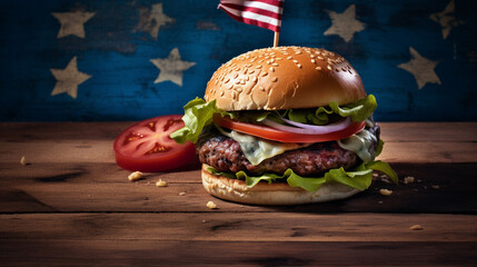 Patriotic 4th of July Themed Charbroiled Hamburger/Cheeseburger - American Flag Aesthetic - USA Red, White, and Blue - Generative AI