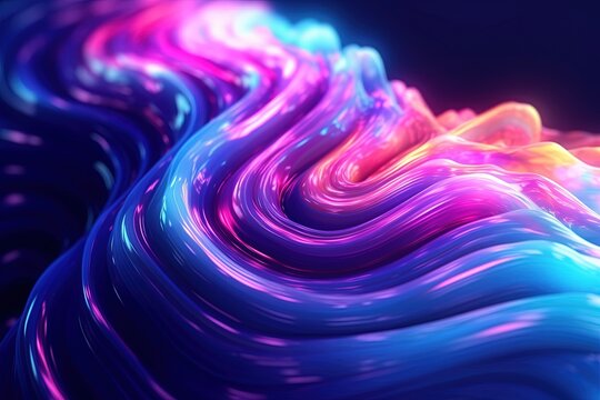 abstract futuristic background with gold PINK blue glowing neon fluid waves techno sound shap Data transfer concept Fantastic wallpaper, Ai Generative © AKKA