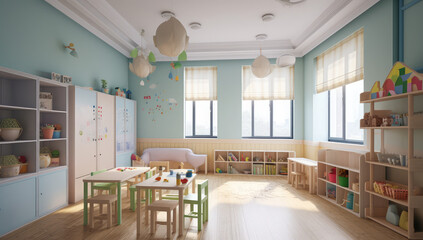 a children's room with wooden furniture and shelves, generative AI