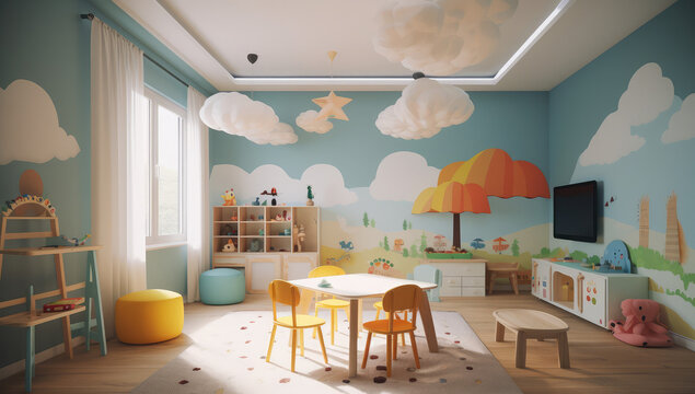 a children's room with wooden furniture and shelves, generative AI