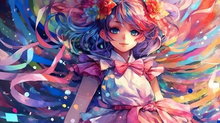 Naklejka na ściany i meble Colorful anime girl, (ai generate)
