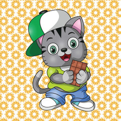 a cat is holding a chocolate