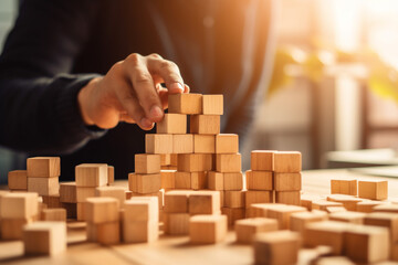 Businessman takes one of the wooden cubes on the table. Environmental and social governance concept. Sustainable company development. generative AI