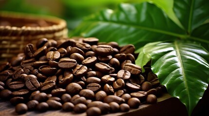 Coffee beans on coffee green leaves on wooden background fresh coffee beans on wooden background Generative AI