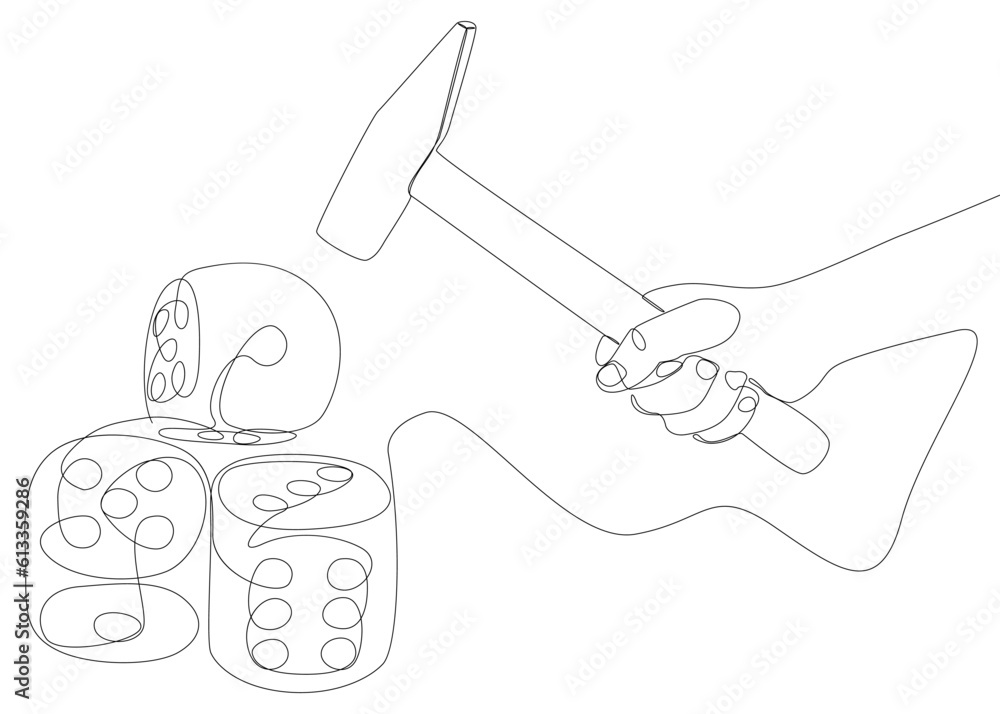 Poster one continuous line of hammer and dice. thin line illustration vector concept. contour drawing creat