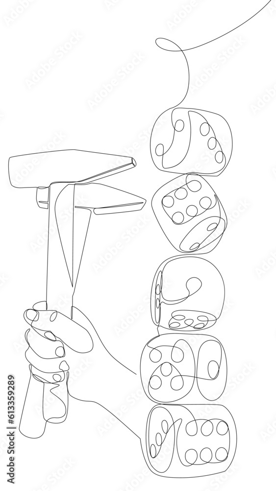 Poster one continuous line of hammer and dice. thin line illustration vector concept. contour drawing creat