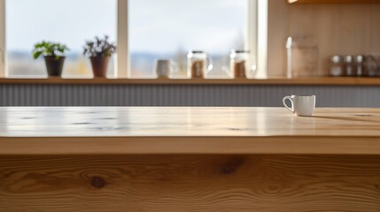 An empty, wooden table behind the counter in a coffee shop Generative AI
