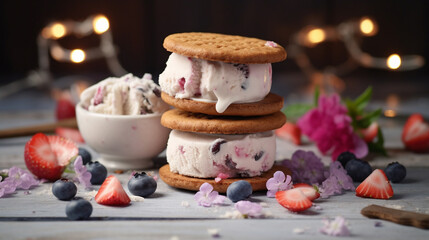 4th of July Themed Ice Cream Sandwiches with Berries in Patriotic American Red, White, and Blue - Close Up - USA Flag Inspired Colors - Memorial Day, Veterans Day, Flag Day - Generative AI