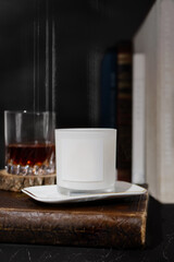 Candle in the Library with Whiskey