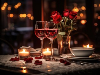 Romantic dinner setting with flowers and silverware, candle and red rose on table. Generative AI