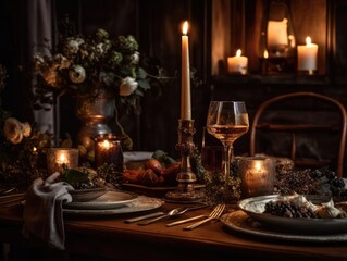 Romantic candlelit romantic dining table. Generative AI