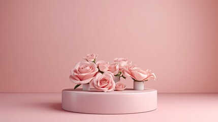 Clean pink minimal podium for product presentation with beautiful fresh roses background. gentle colors. Generative Ai.