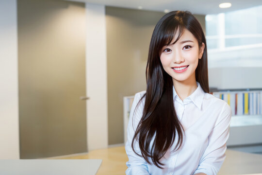 笑顔で仕事をするOL・女性社員・ロングヘアの日本人女性(美人モデル)
