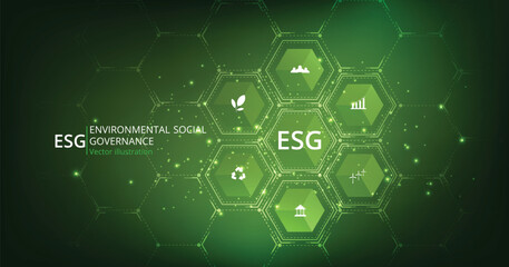 Environmental Social and Governance (ESG) concept. The company developed a nature conservation strategy and Solved environmental, social, and management problems with figure icons.