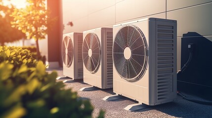 A group of outdoor air conditioner units installed on the ground in the backyard of a building Generative AI