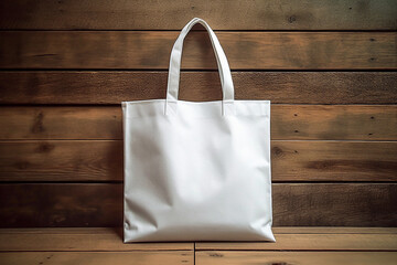 Blank white tote bag mockup isolated on wooden background, eco cotton bag canvas. Generative AI
