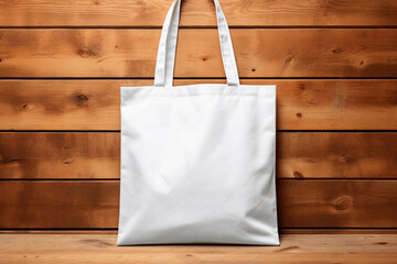 Blank white tote bag mockup isolated on wooden background, eco cotton bag canvas. Generative AI