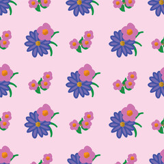 Fototapeta na wymiar A Geometric Pattern Creates this Seamless Repeat Design Featuring Bouquets of Blue Daisies and Pink Flowers on a Pale Pink Background.