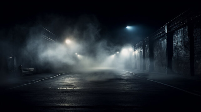 Black background of empty roads, space for movies, spotlights illuminating the asphalt, smoke